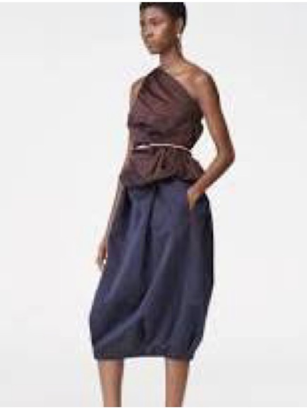 Zara Dark Brown Gathered-Waist Satin Skirt